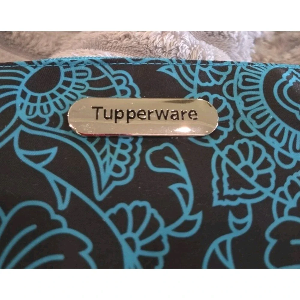 Tupperware Large Zipper Pouch / Laptop Bag Case - Black Blue Floral Design
